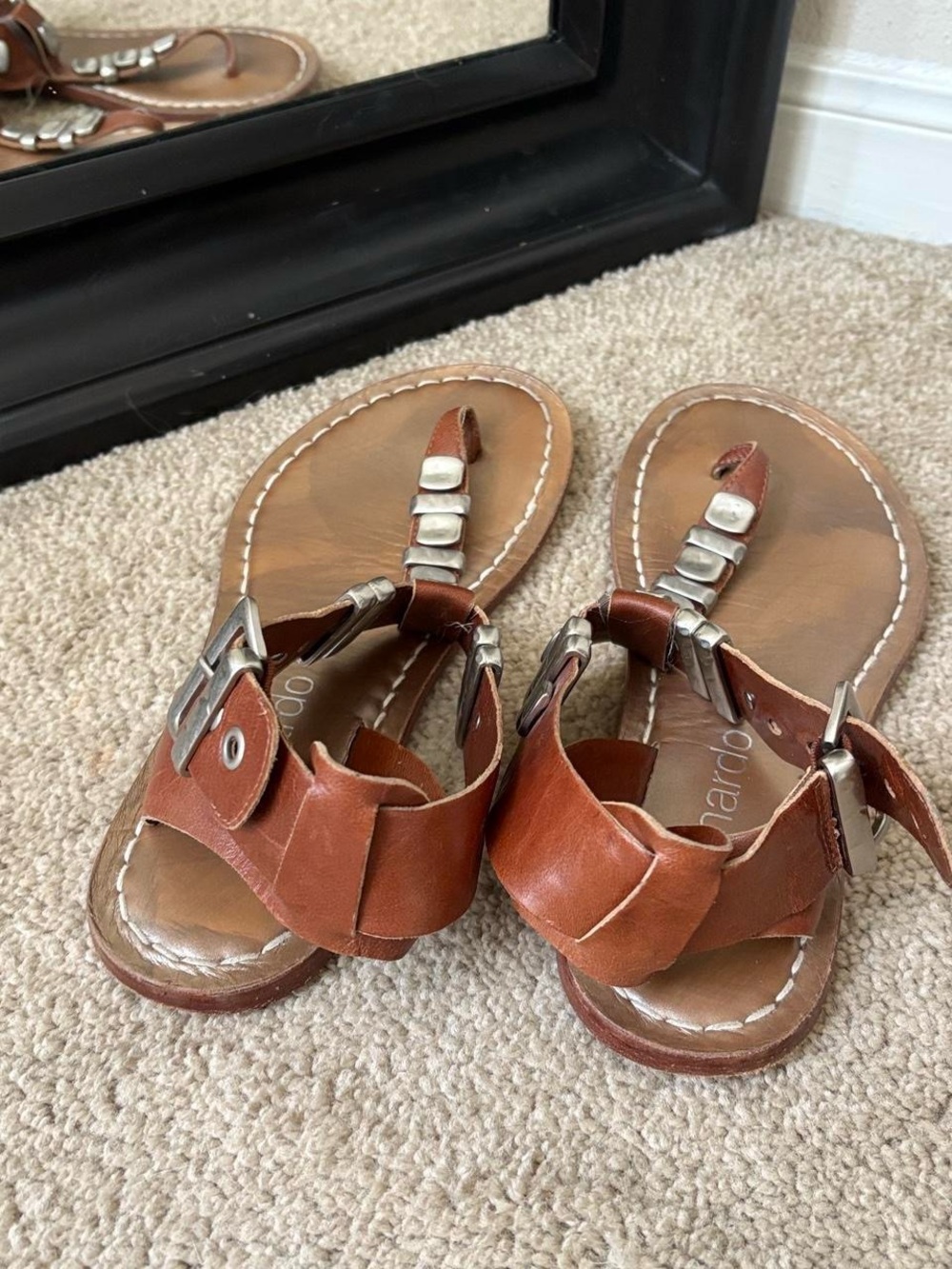 Bernardo Brown Leather T-Strap Sandals with Silver Studs - Picture 6 of 7